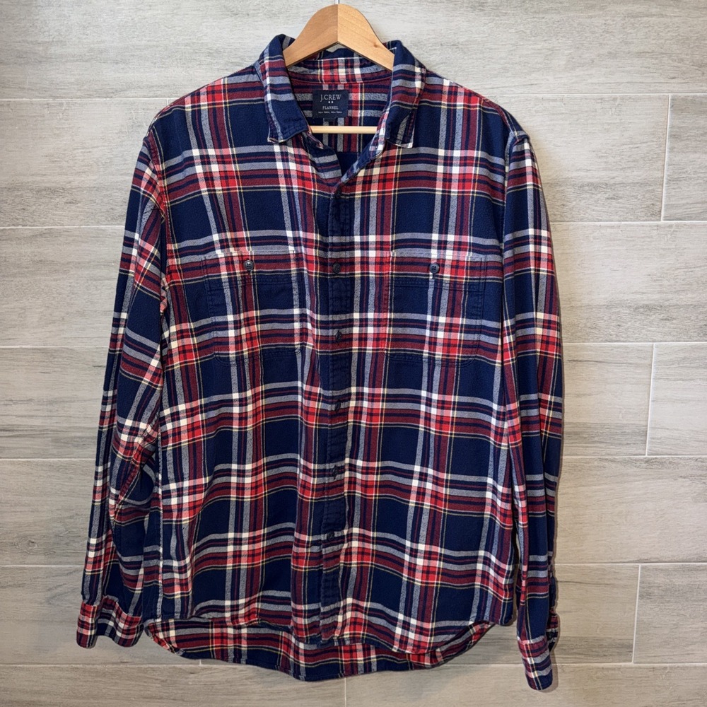 J.Crew Men's Flannel Shirt Size Large Plaid Blue Red White 100% Cotton Preppy